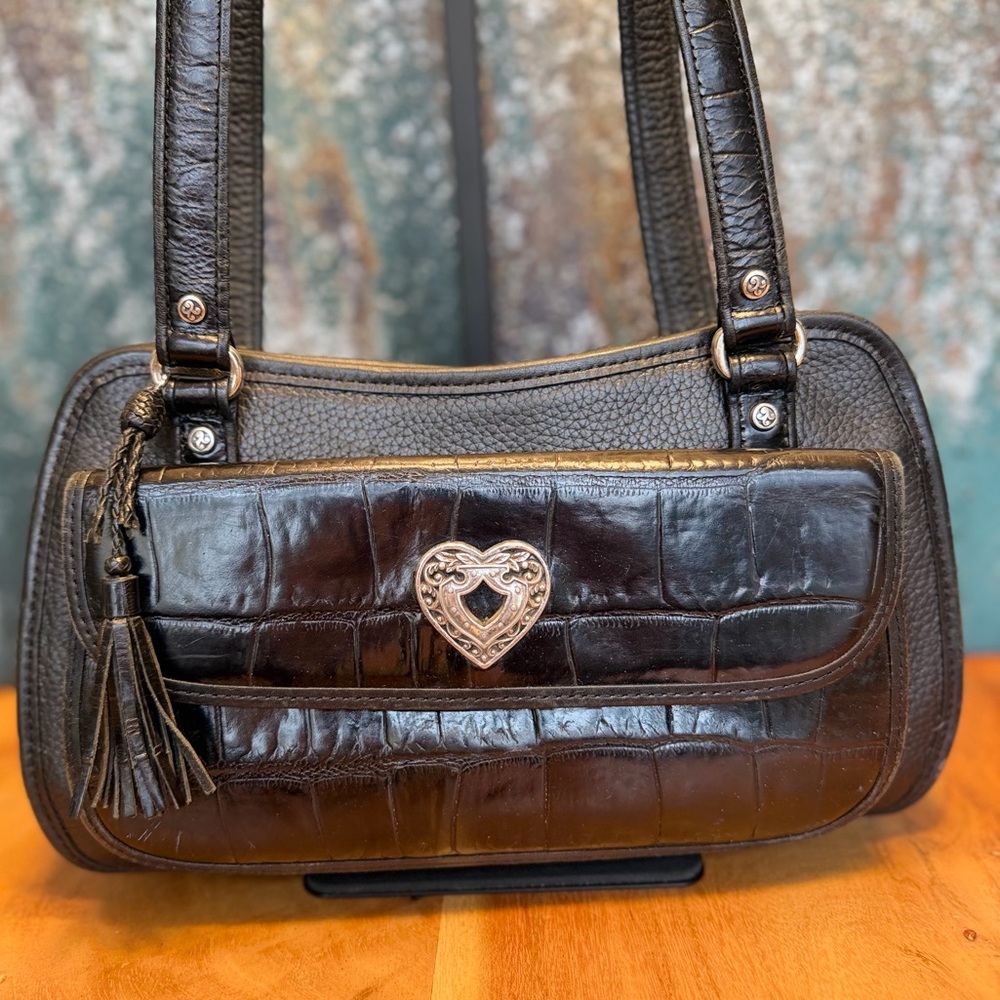 Brighton Dark Brown Croc-Embossed Shoulder Bag with Heart Medallion